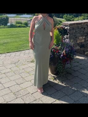 Sleeveless Sage Green Halter Evening Dress